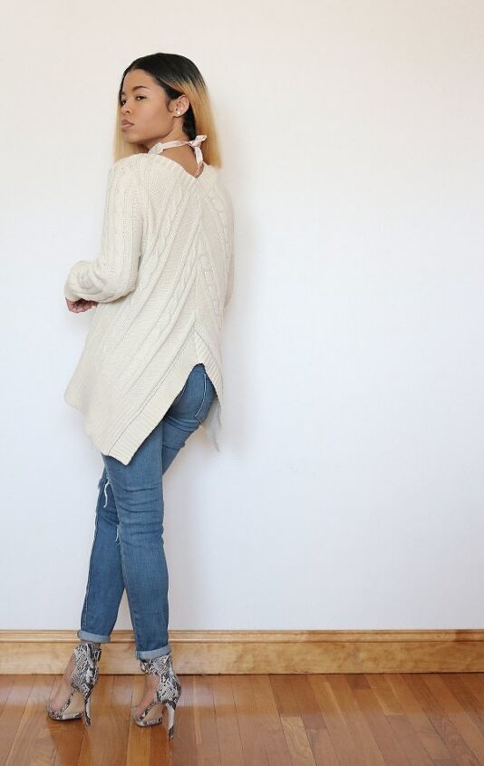 cable knit cardigan sweater refashion, LOVE HOW THE V NECK COMPLIMENTS THE V SHAPED HEM