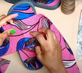how to make cute diy slide sandals with african ankara fabric bows, Wrapping the fabric around the strap