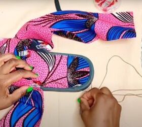 how to make cute diy slide sandals with african ankara fabric bows, Hand sewing the outside edge