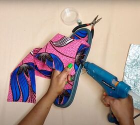 how to make cute diy slide sandals with african ankara fabric bows, Applying hot glue to the outer edge