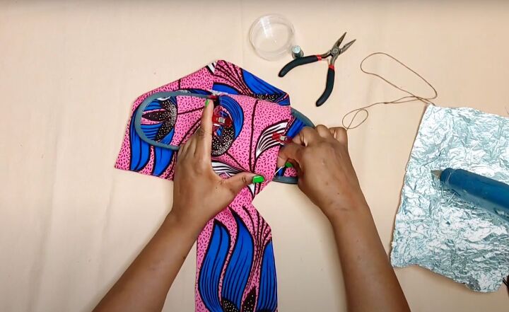 how to make cute diy slide sandals with african ankara fabric bows, Sewing the inside edge down