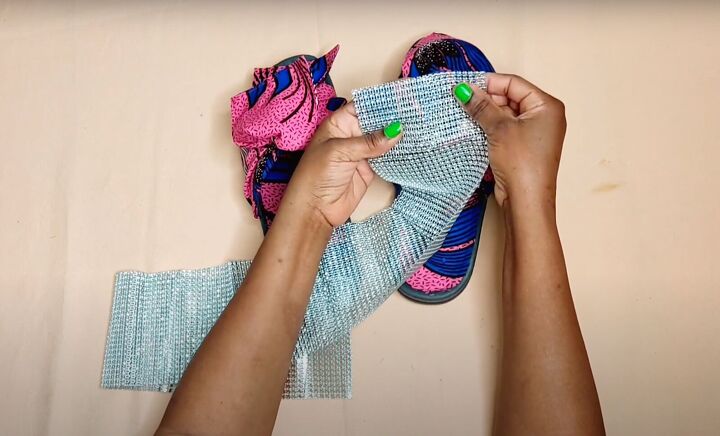 how to make cute diy slide sandals with african ankara fabric bows, Measuring rhinestone trim