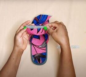 how to make cute diy slide sandals with african ankara fabric bows, Gluing rhinestone trim into place