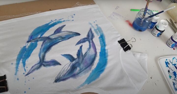 how to paint watercolor designs on a shirt creating art on clothes, Adding paint splatters