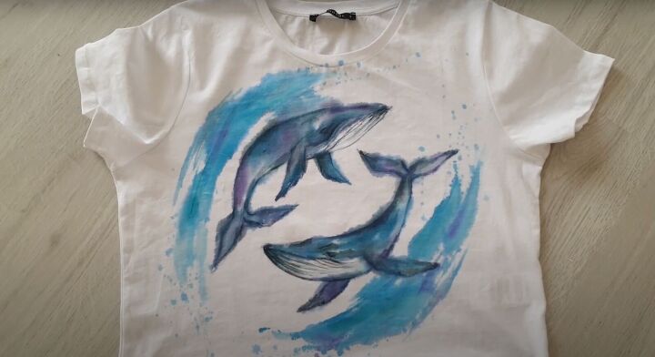 how to paint watercolor designs on a shirt creating art on clothes, Watercolor whales on a white t shirt