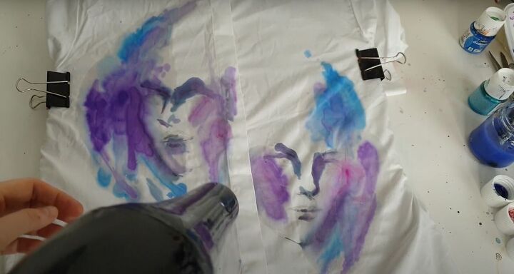 how to paint watercolor designs on a shirt creating art on clothes, Drying the first layer with a blowdryer