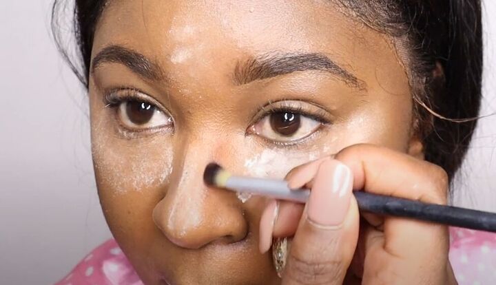 how to do a clean girl makeup look easy natural looking makeup, Contouring the nose with a brush