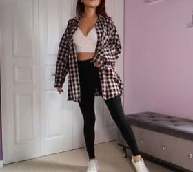 13 simple and trendy ways to style an oversized button up shirt, White tank top and black leggings with a button up flannel shirt