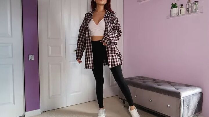 13 simple and trendy ways to style an oversized button up shirt, White tank top and black leggings with a button up flannel shirt