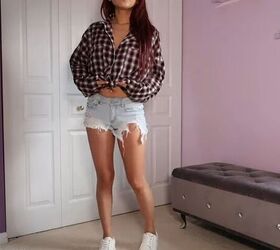 13 simple and trendy ways to style an oversized button up shirt, Ripped denim shorts with a flannel shirt tied in a knot