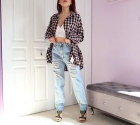 13 simple and trendy ways to style an oversized button up shirt, Baggy ripped boyfriend jeans with a tank top and oversized flannel button up shirt