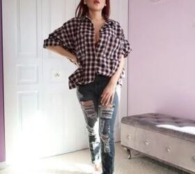 13 simple and trendy ways to style an oversized button up shirt, Female styling oversized shirt