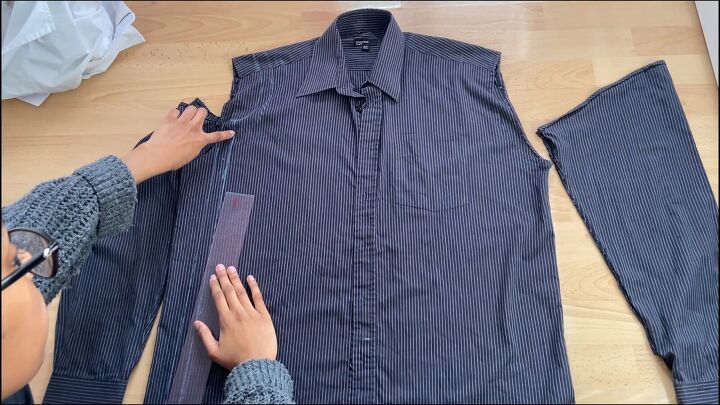 how to make a color block shirt using your grandad s old clothes, Straightening the lines with a ruler