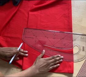 how to make a color block shirt using your grandad s old clothes, Using a curved ruler