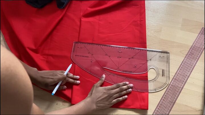 how to make a color block shirt using your grandad s old clothes, Using a curved ruler