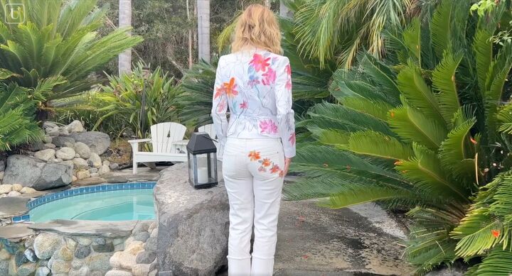 how to paint on fabric and create a one of a kind jacket, Matching white jacket and pants suit with floral design