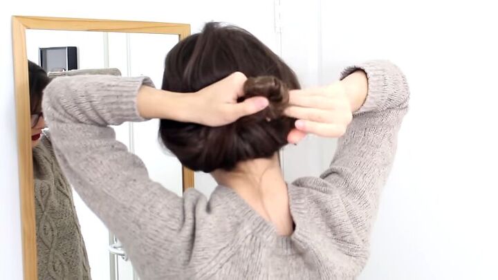 3 bangs glasses hairstyles that are super cute easy to do, Twisting the ends into a small bun