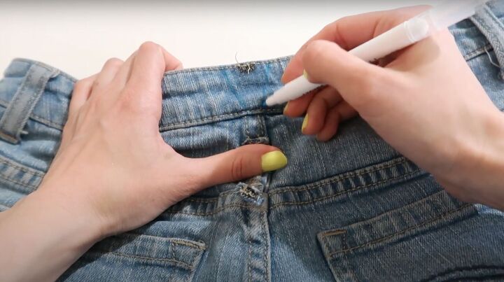7 smart sewing hacks for beginners how to fix clothes with style, Marking how much to take in the jeans