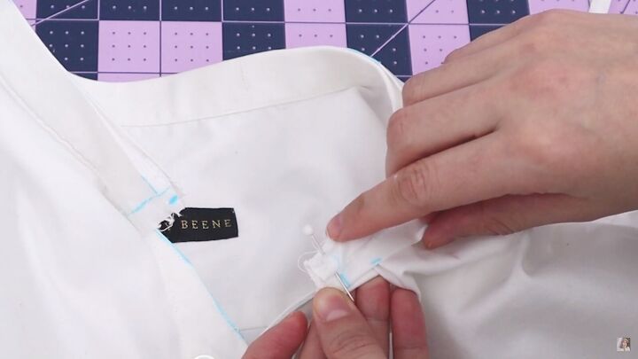 how to make a blouse with frills out of an old men s dress shirt, Sewing the ties to the collar