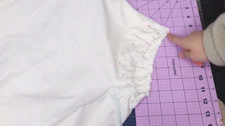 how to make a blouse with frills out of an old men s dress shirt, Pinning the sleeves to the shirt