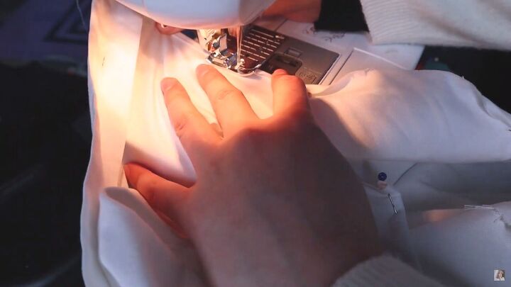 how to make a blouse with frills out of an old men s dress shirt, Hemming the bottom of the blouse