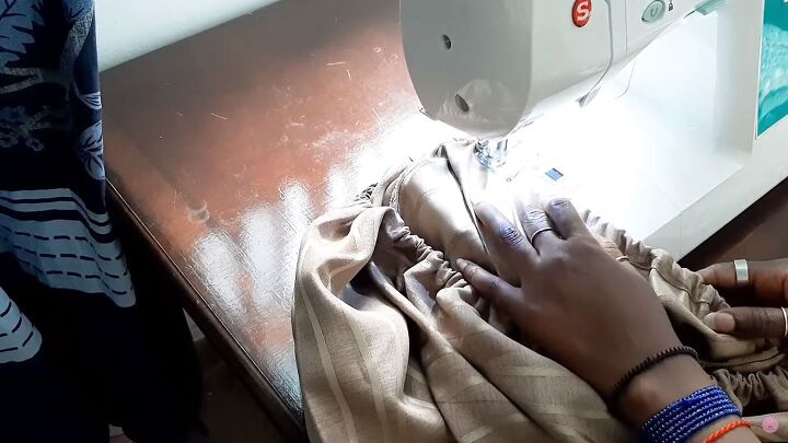 how to turn old curtains into a cute off shoulder dress, Sewing the opening closed