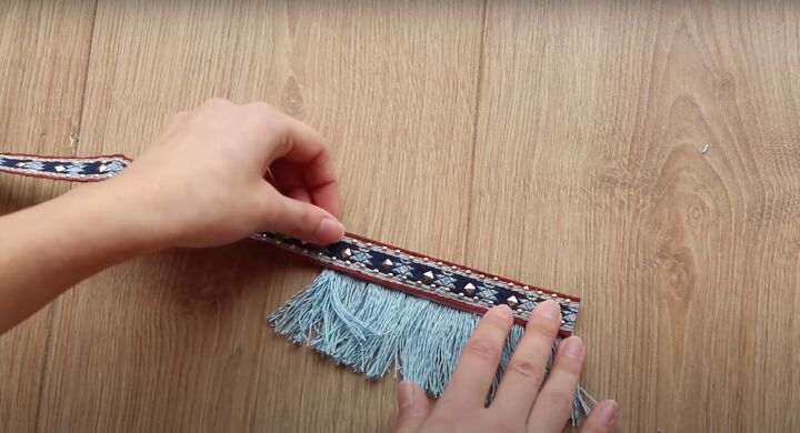 how to make fringe trim add it to your clothes for a nautical look, Adding ribbon to the fringe
