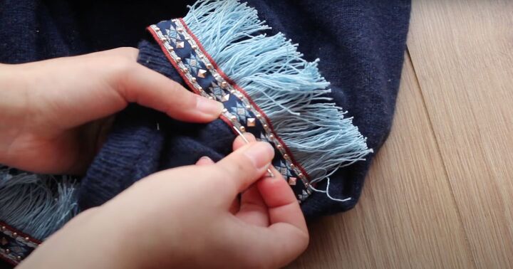 how to make fringe trim add it to your clothes for a nautical look, Attaching the fringe to the sweater