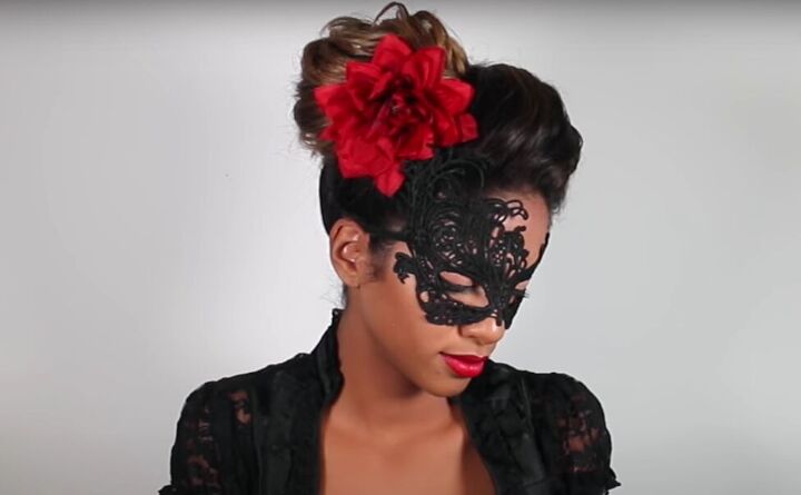 how to create a sophisticated masquerade hairstyle for halloween, Adding a masquerade mask and flower