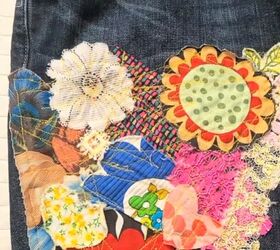 how to crop jeans make cute diy jean shorts with a patchwork design, Sewing the patchwork pieces onto the shorts