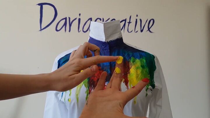 how to make a colorful rainbow inspired diy dripping paint shirt, Painting with fingers