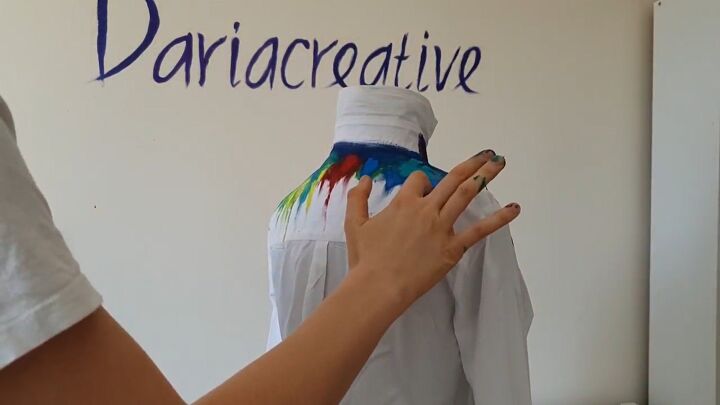 how to make a colorful rainbow inspired diy dripping paint shirt, Painting the back of the shirt