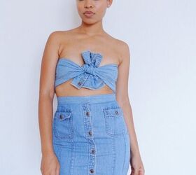 denim shirt turned 5 in 1 skirt refashion, LOOK 1 SLEEVES DOUBLED AS A BANDEAU TOP