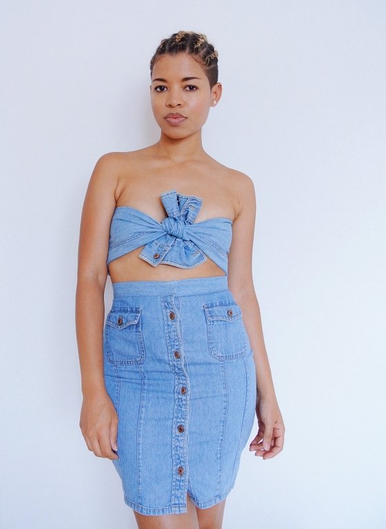 denim shirt turned 5 in 1 skirt refashion, LOOK 1 SLEEVES DOUBLED AS A BANDEAU TOP