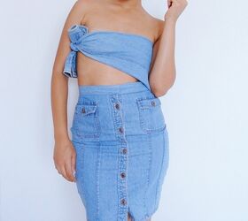 denim shirt turned 5 in 1 skirt refashion, LOOK 2 OFFSET THE TIE CREATING A DIFFERENT LOOK