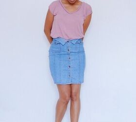 denim shirt turned 5 in 1 skirt refashion, LOOK 5 WAISTBAND FOLDED IN FRONT