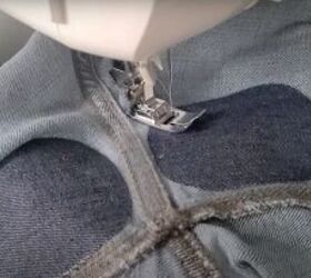 2 easy steps to fix holes in jeans inner thighs, Sewing patch in place