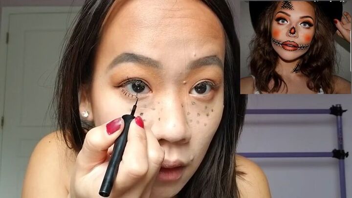 create cute halloween scarecrow makeup with this easy tutorial, Drawing on false lashes