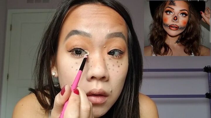 create cute halloween scarecrow makeup with this easy tutorial, Applying eyeshadow