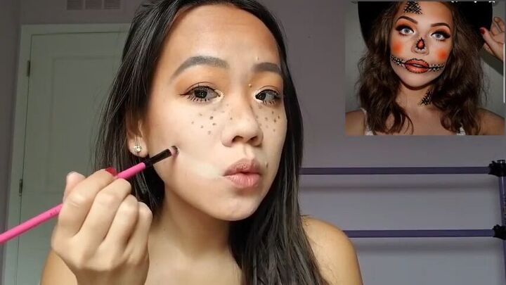 create cute halloween scarecrow makeup with this easy tutorial, Adding eyeshadow to mouth area
