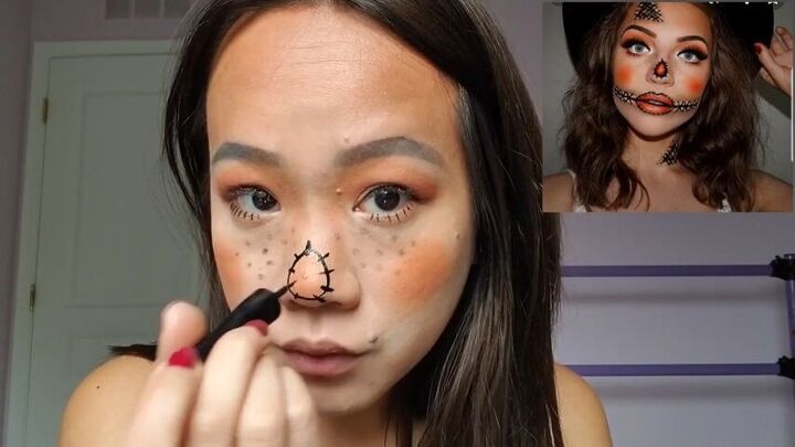 create cute halloween scarecrow makeup with this easy tutorial, Outlining scarecrow nose