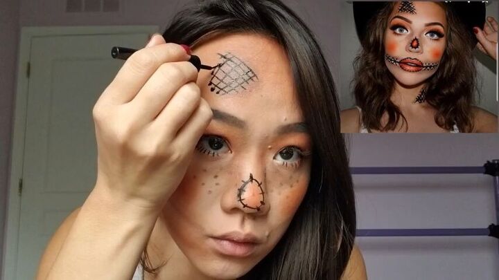 create cute halloween scarecrow makeup with this easy tutorial, Drawing stitches onto forehead
