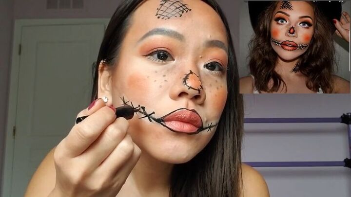 create cute halloween scarecrow makeup with this easy tutorial, Adding stitches