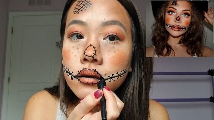 create cute halloween scarecrow makeup with this easy tutorial, Adding stitches