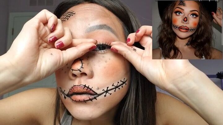 create cute halloween scarecrow makeup with this easy tutorial, Applying false eyelashes