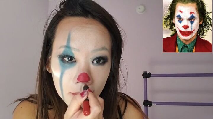 how to create female joker halloween makeup, Applying lipstick to nose