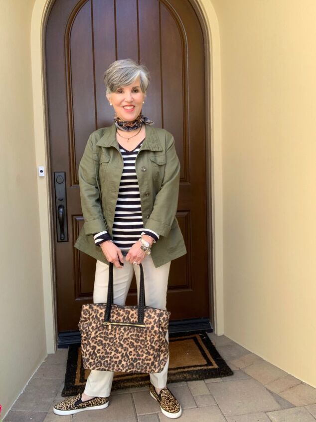 fun teacher outfits, First outfit with tan chinos leopard sneakers and tote a striped tee and olive green utility jacket