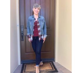 fun teacher outfits, burgundy henley with plaid over shirt and light wash jean jacket dark wash skinnny jeans and booties