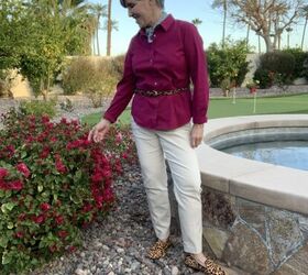 fun teacher outfits, In this fourth of this series of teacher outfit ideas I paired a rich magenta shirt with a leopard belt leopard flats and a small soft blue and rose silk neck scarf