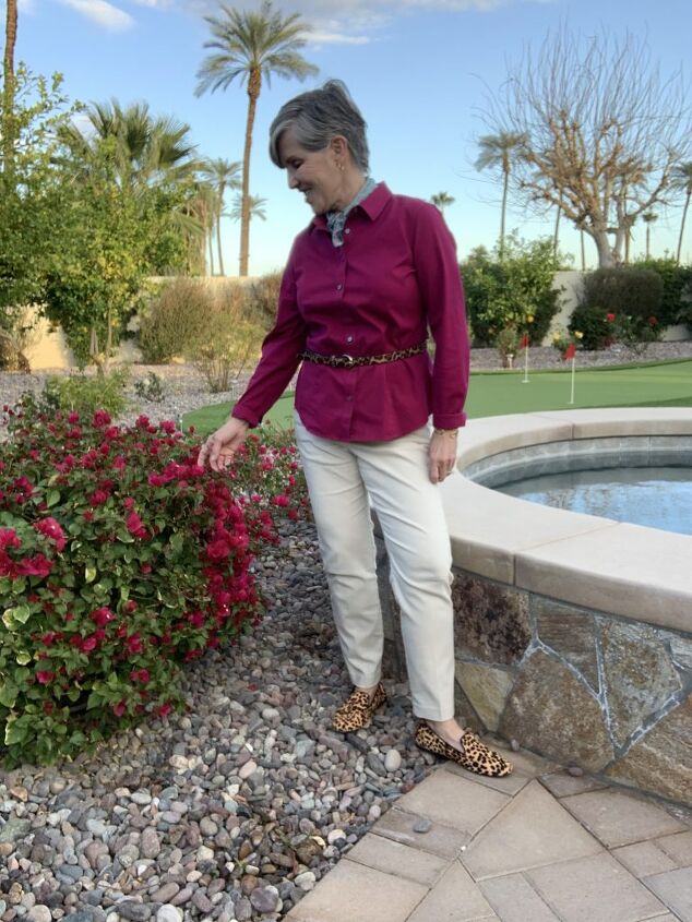 fun teacher outfits, In this fourth of this series of teacher outfit ideas I paired a rich magenta shirt with a leopard belt leopard flats and a small soft blue and rose silk neck scarf